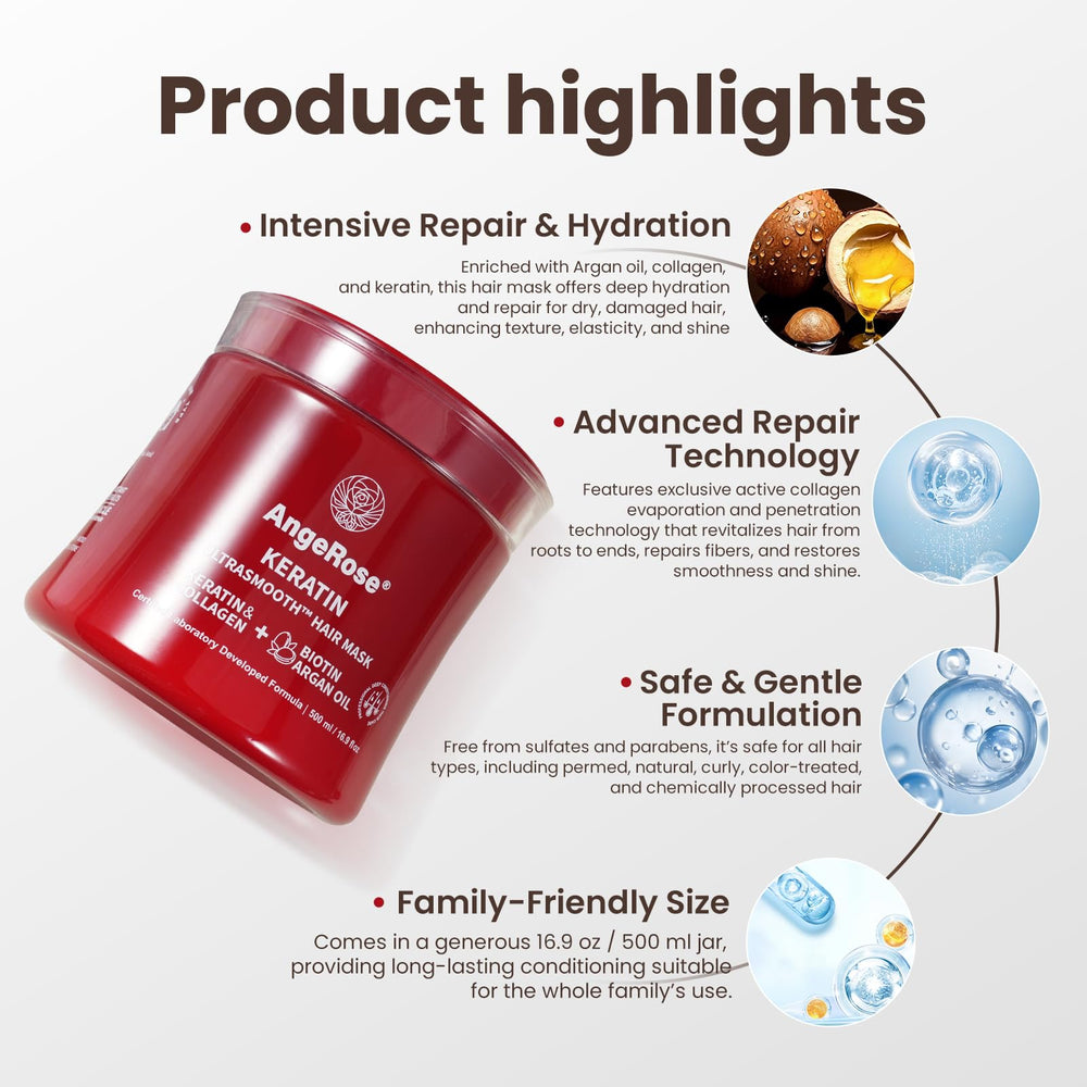 AngeRose Keratin Hair Mask revives color-treated strands with moisture.