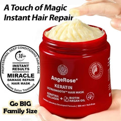 AngeRose Keratin Hair Mask ingredients close-up showing keratin, collagen, argan oil for strength.
