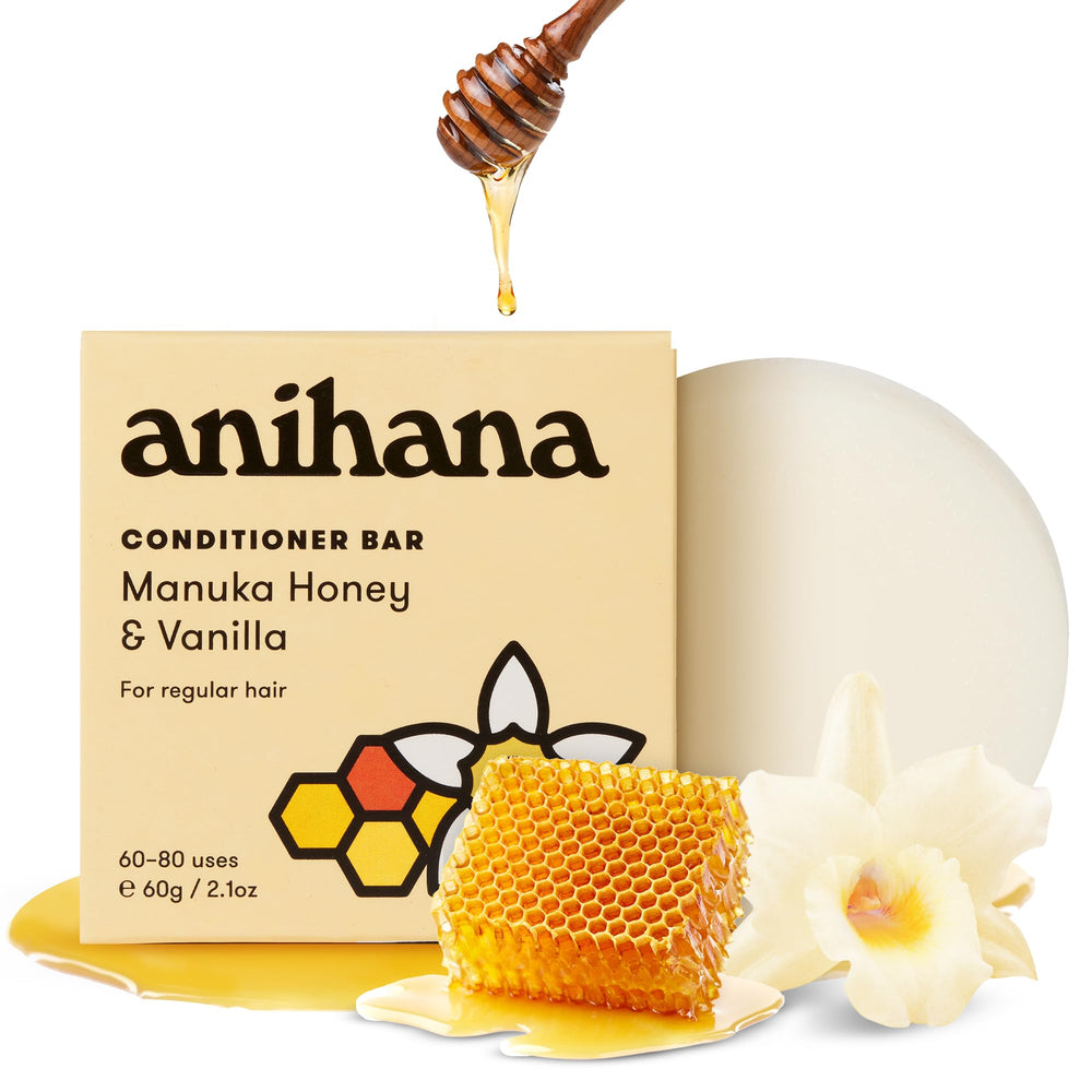 ANIHANA Manuka Honey Conditioner Bar packaging highlighting eco-friendly design and reduced plastic use.