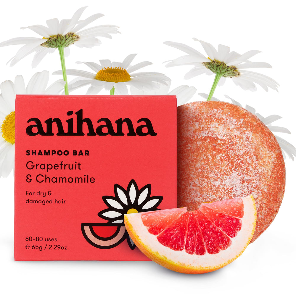 ANIHANA shampoo bar close-up shows grapefruit-chamomile scent and natural formula.