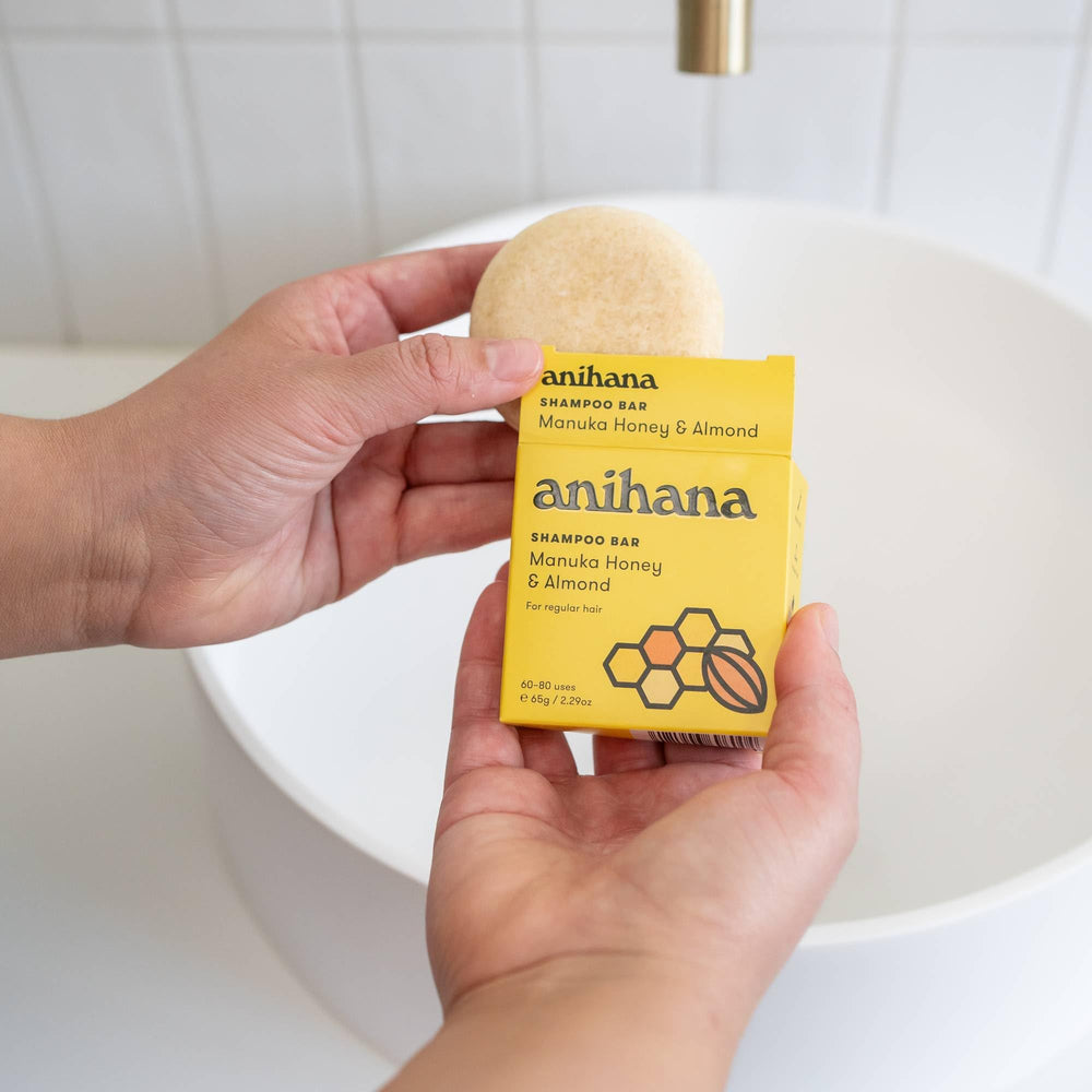ANIHANA shampoo bar in shower showing convenient solid format for daily use