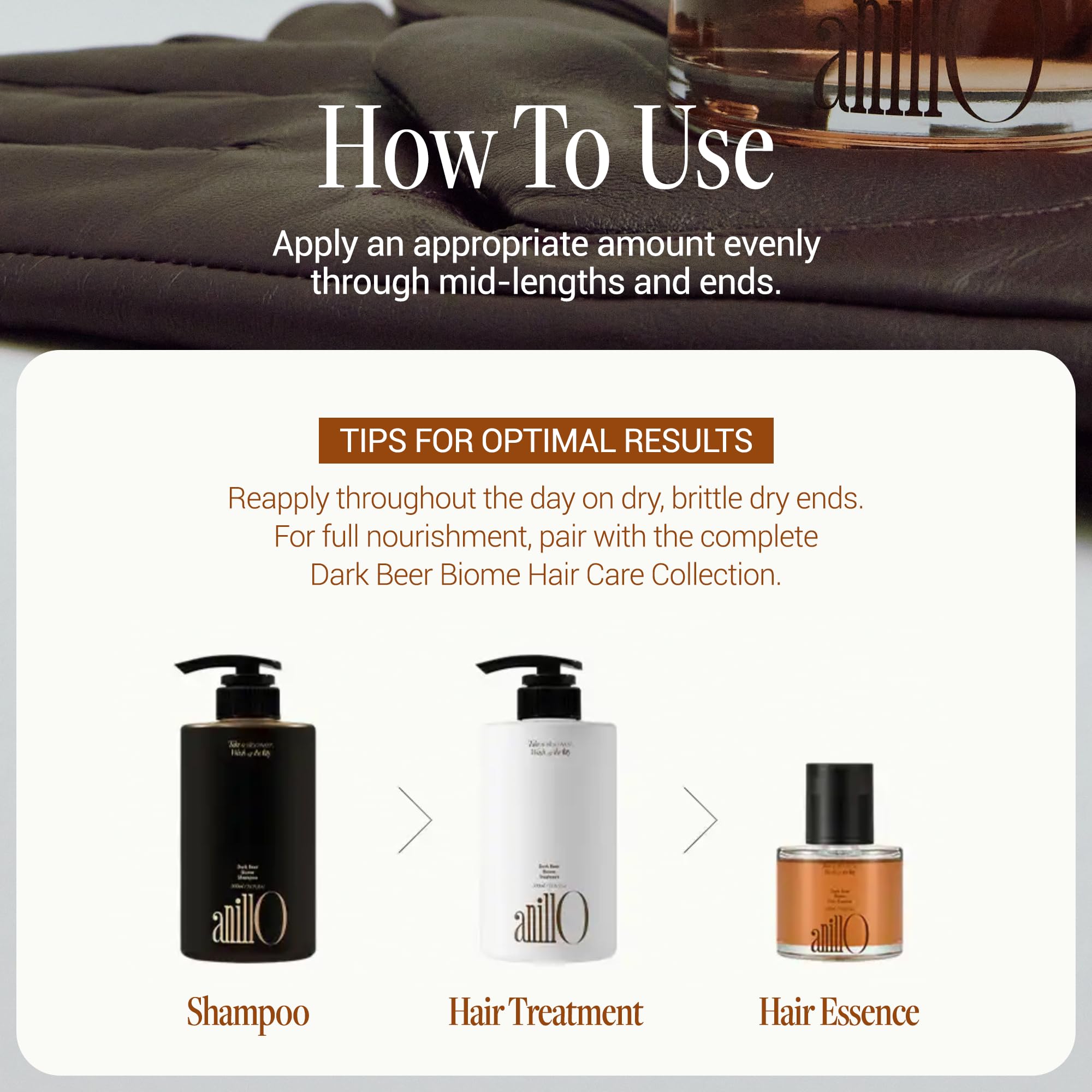 ANILLO Dark Beer Biome Hair Essence ingredients label highlights vegan, protein-rich blend