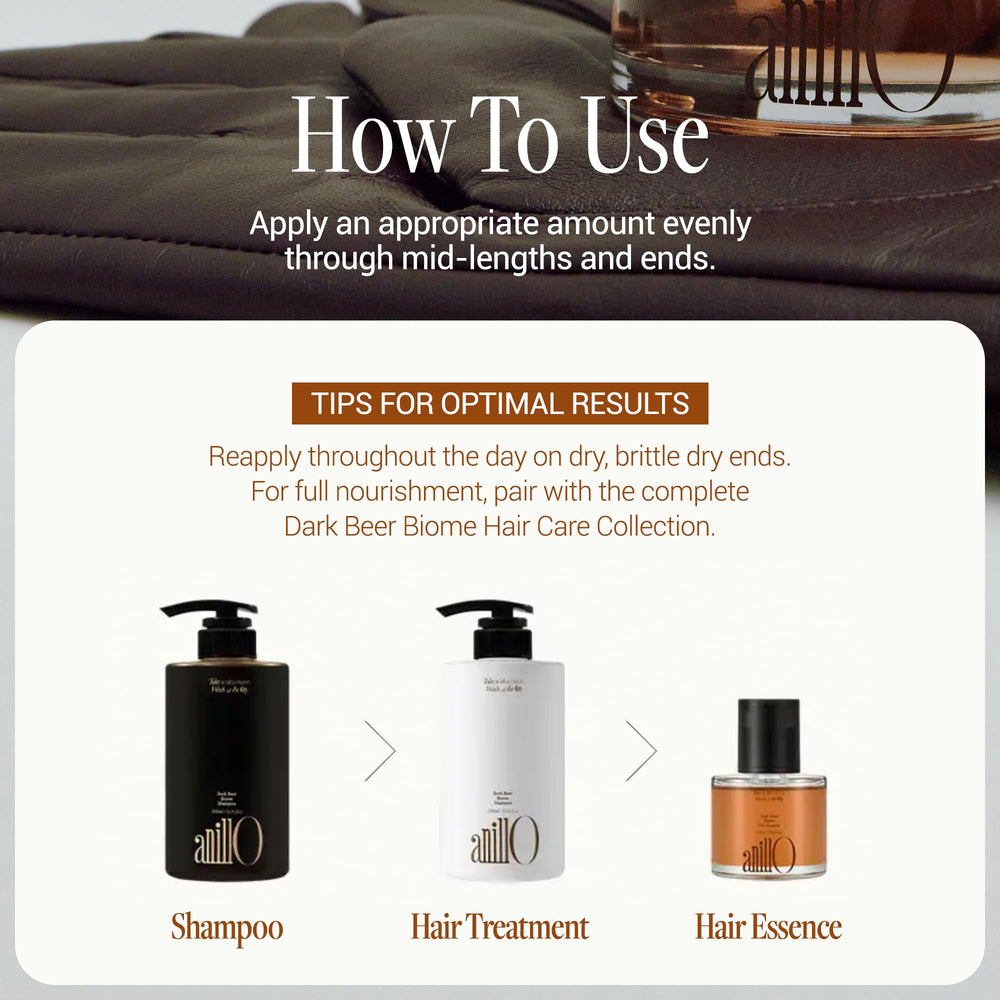 ANILLO Dark Beer Biome Hair Essence ingredients label highlights vegan, protein-rich blend