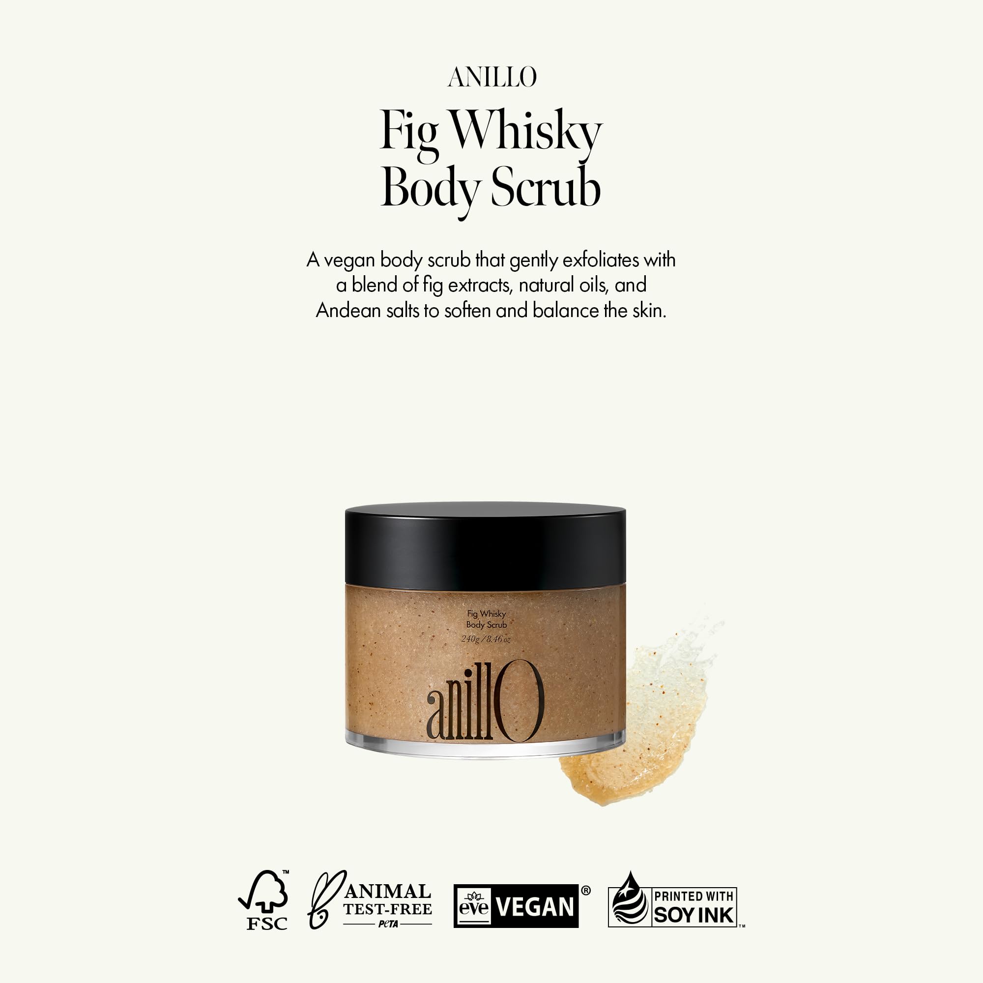 ANILLO Fig Whisky Scrub ingredients closeup—fig seed powder and Andean salt.