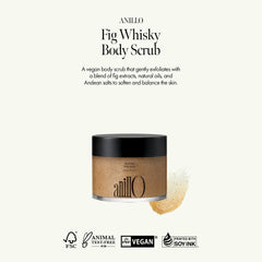 ANILLO Fig Whisky Scrub ingredients closeup—fig seed powder and Andean salt.