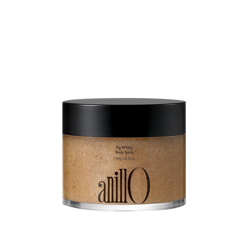 ANILLO Fig Whisky Scrub jar front—premium vegan exfoliant for radiant skin.