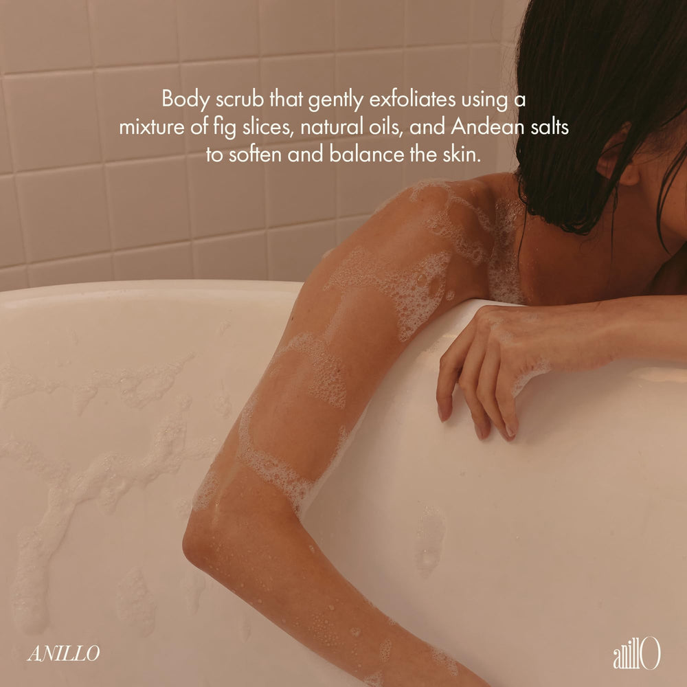 ANILLO Fig Whisky Scrub packaging—paraben-free, sulfate-free, silicone-free promise.