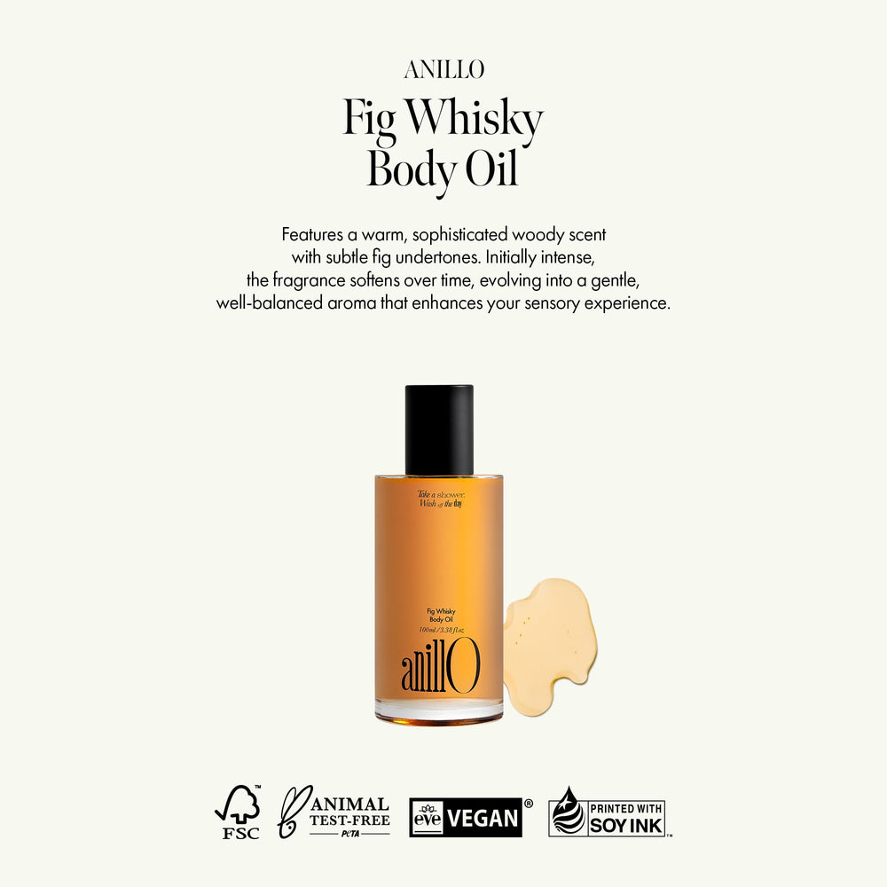 ANILLO Fig Whisky Hydrating Body Oil texture application shows silky, non-greasy absorption.