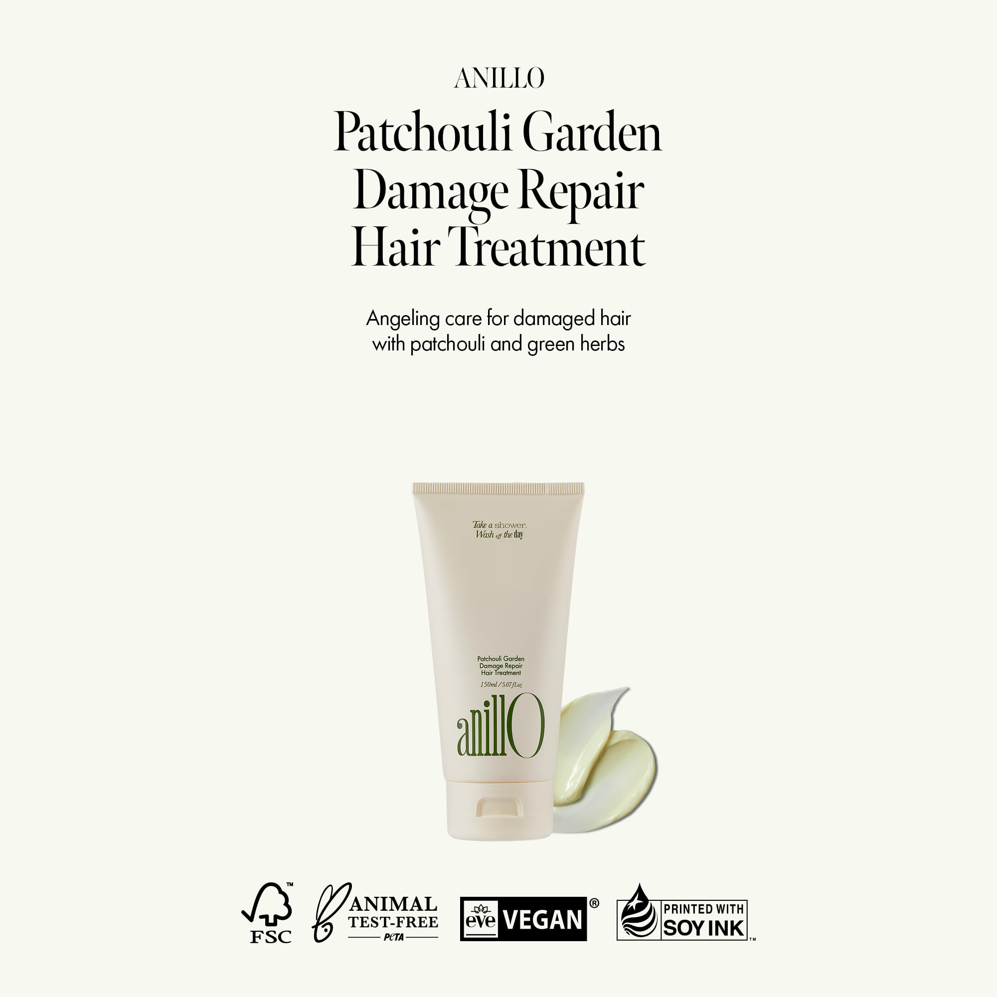 ANILLO Patchouli Garden mask ingredients closeup highlighting patchouli water and amino acids nourishing strands