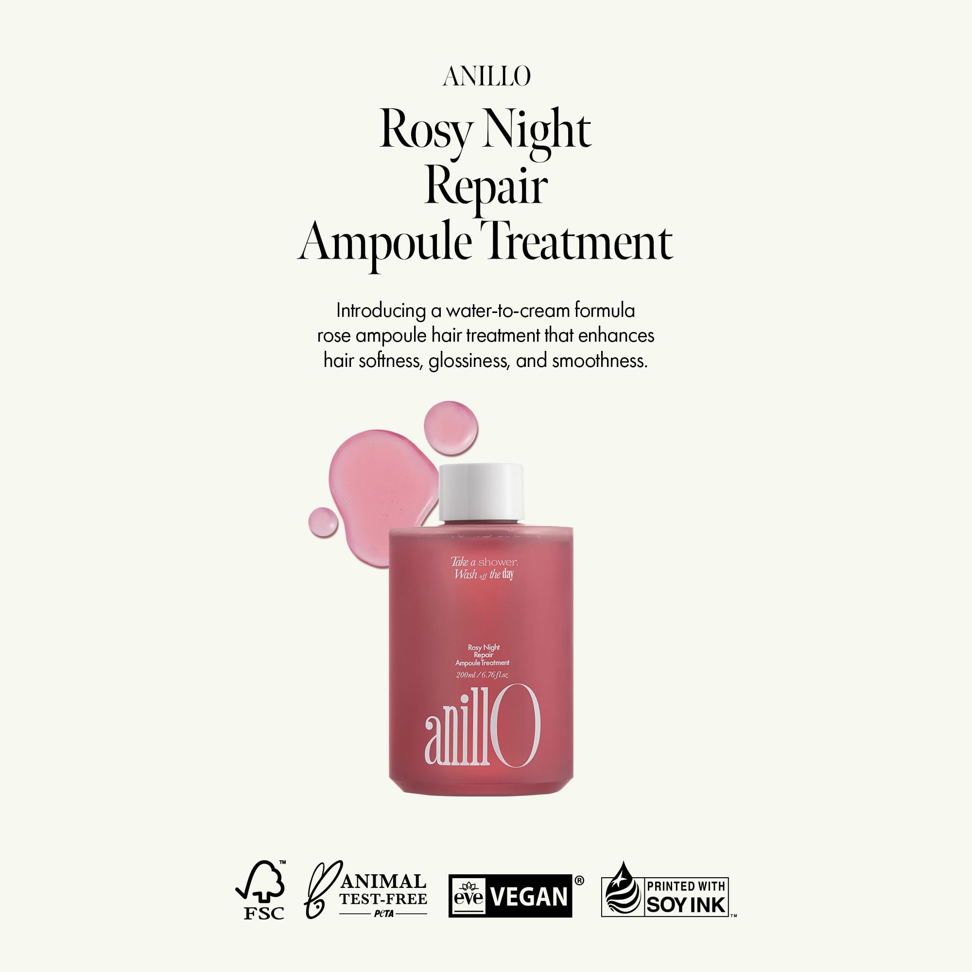 ANILLO Rosy Night liquid application shows fast absorption for hair care.