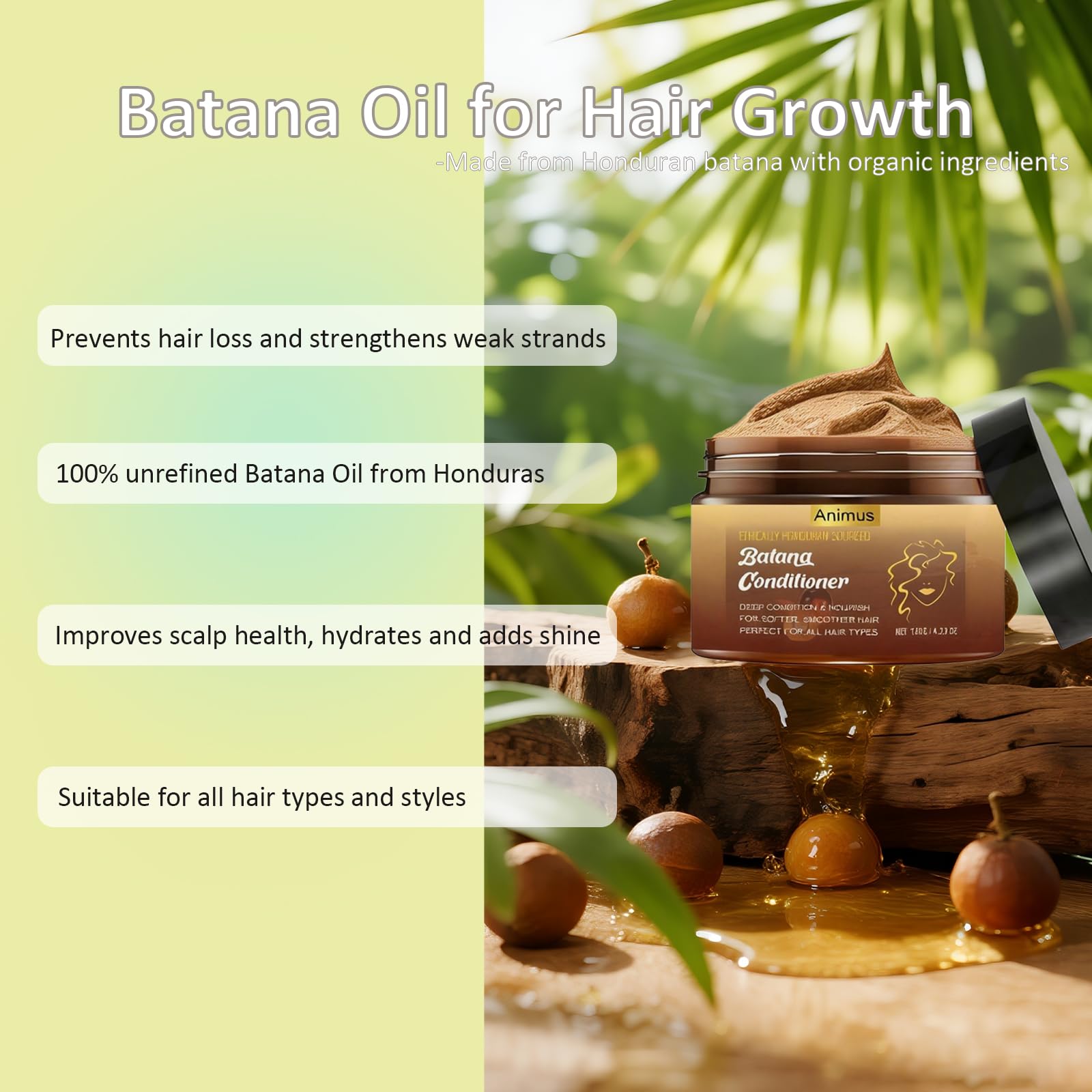Animus Batana Oil ingredients closeup highlighting pure 100% natural formula benefits.