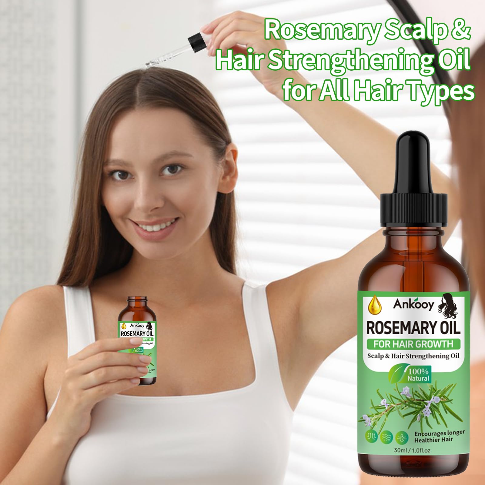ANKOOOY rosemary oil easy-application demonstrates simple scalp massage usage.