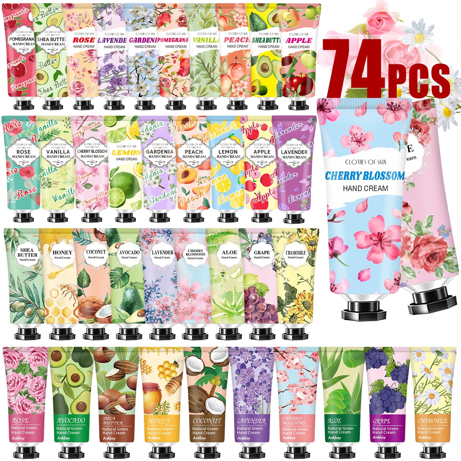 ANKOOY 74-pack hand cream set with assorted fragrances for daily moisture.
