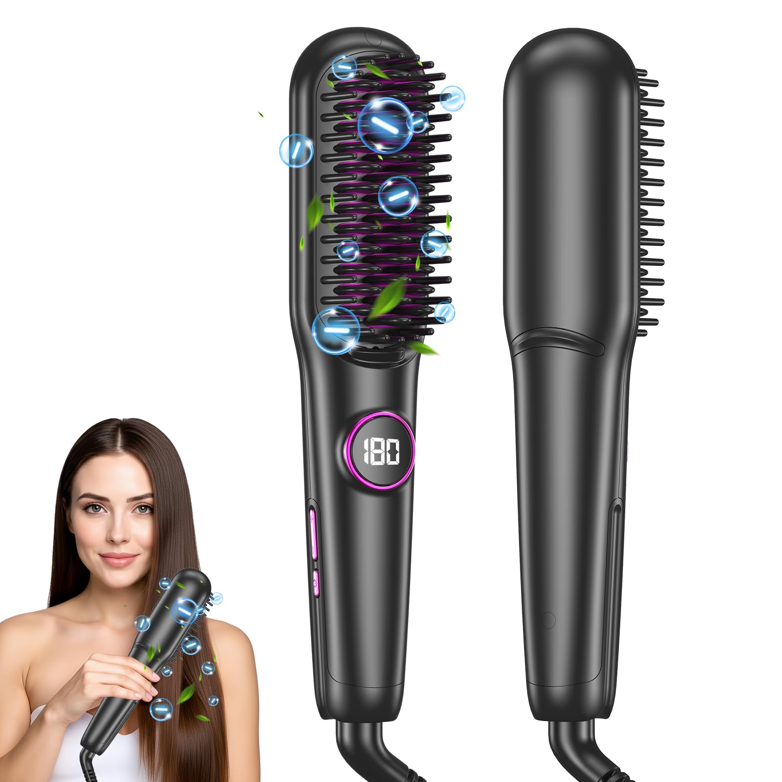 Anluomania Ionic Hair Straightener Brush front view for frizz control and glossy results.