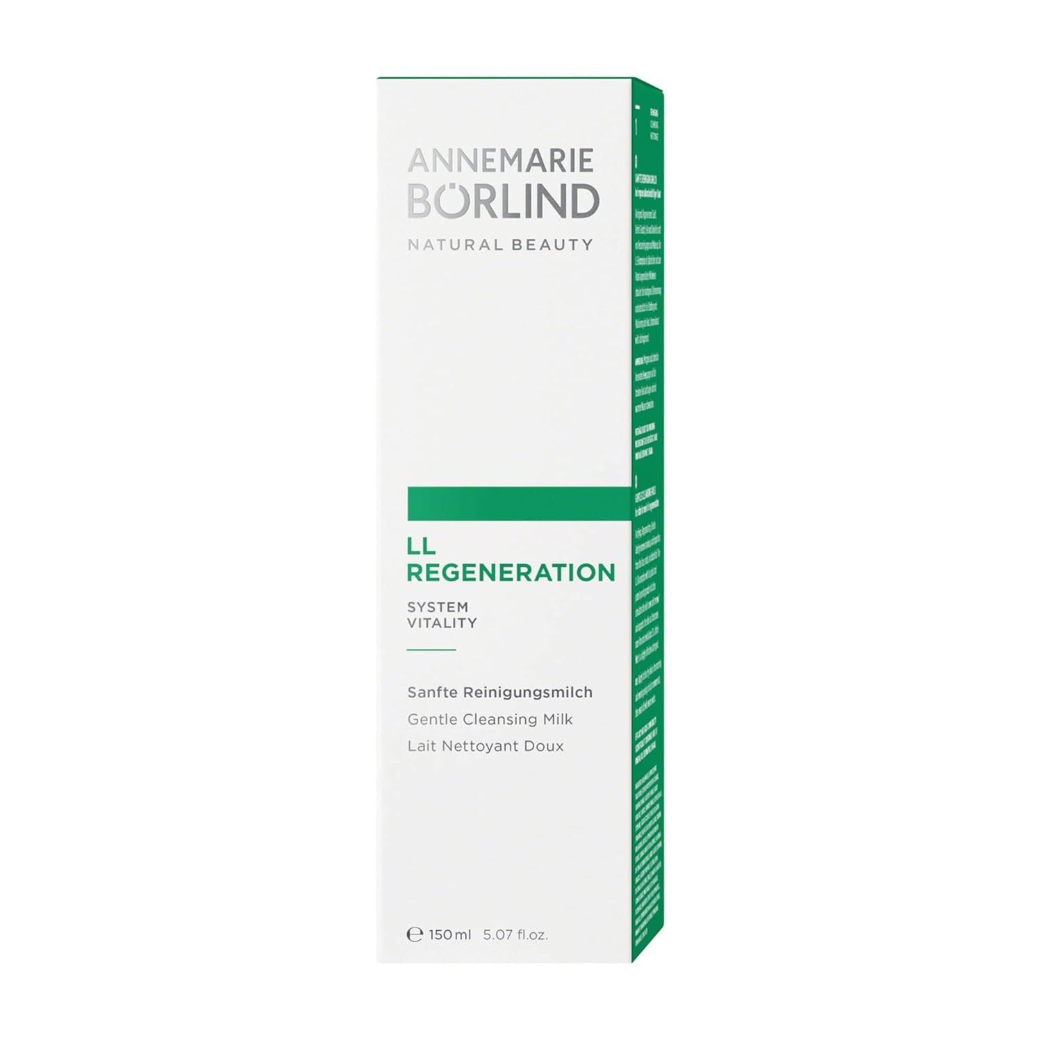 ANNEMARIE BÖRLIND LL Regeneration Cleansing Milk packaging emphasizes sustainable skincare ingredients.