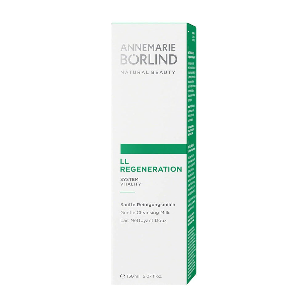 ANNEMARIE BÖRLIND LL Regeneration Cleansing Milk packaging emphasizes sustainable skincare ingredients.