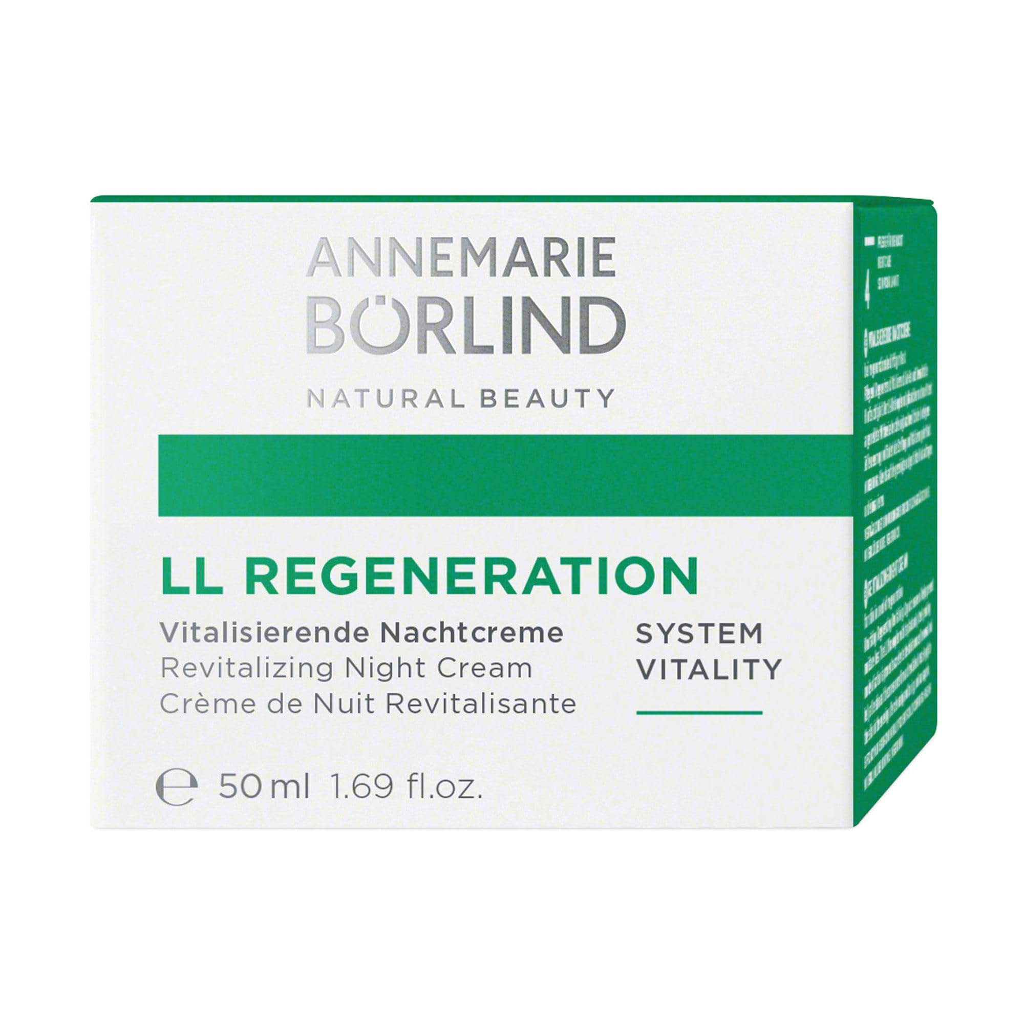 ANNEMARIE BÖRLIND LL REGENERATION label close-up highlighting clean ingredients and vegan formulation.