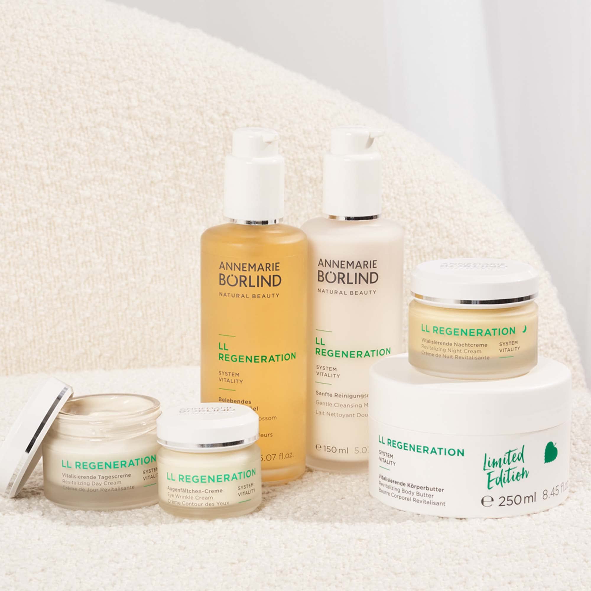 Annemarie Borlind LL Regeneration System Vitality Night Cream sitting on bedside table inviting bedtime care.