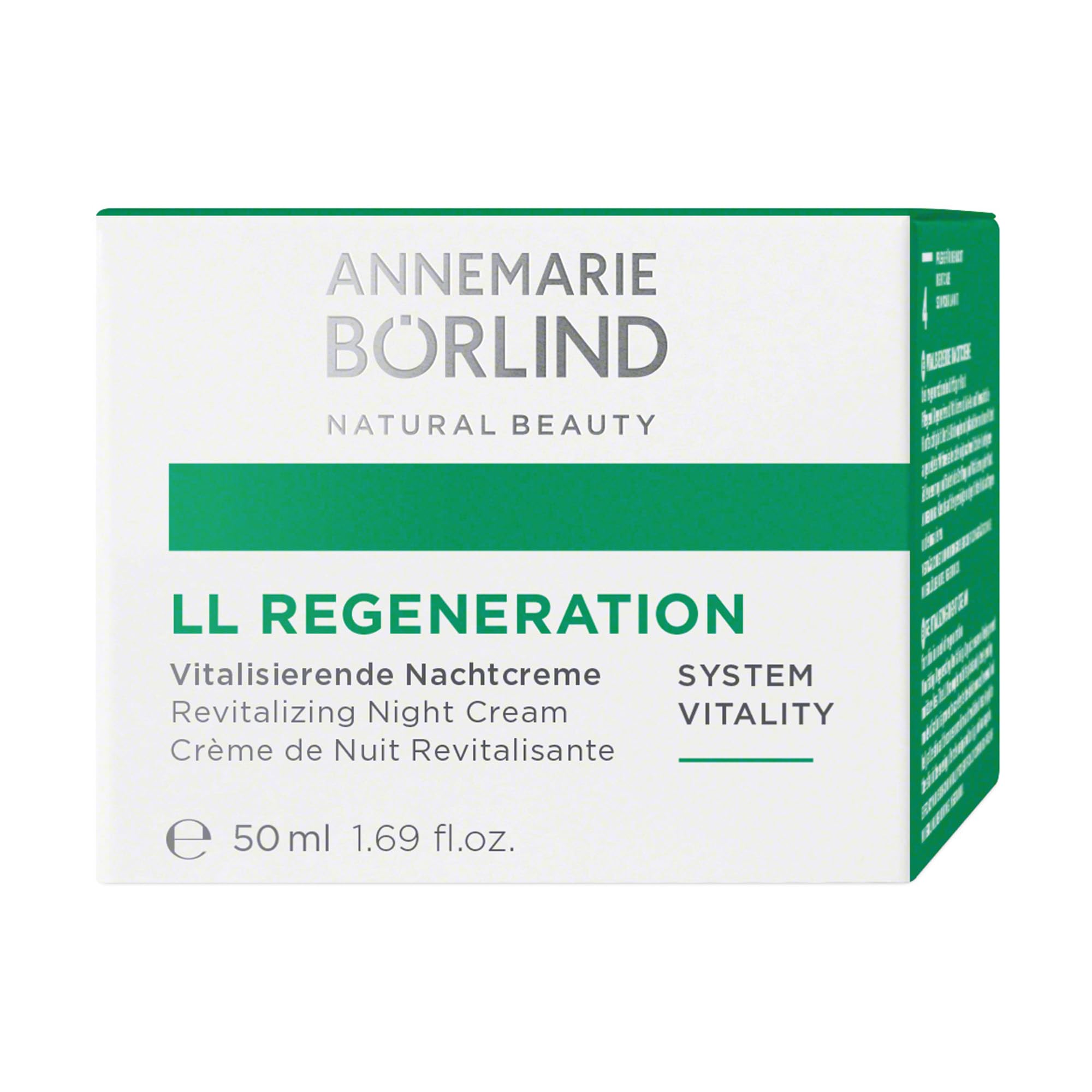 Close-up of Annemarie Borlind night cream texture with herbal extracts for gentle care.