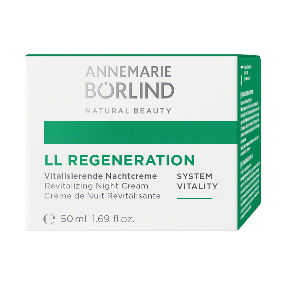 Close-up of Annemarie Borlind night cream texture with herbal extracts for gentle care.