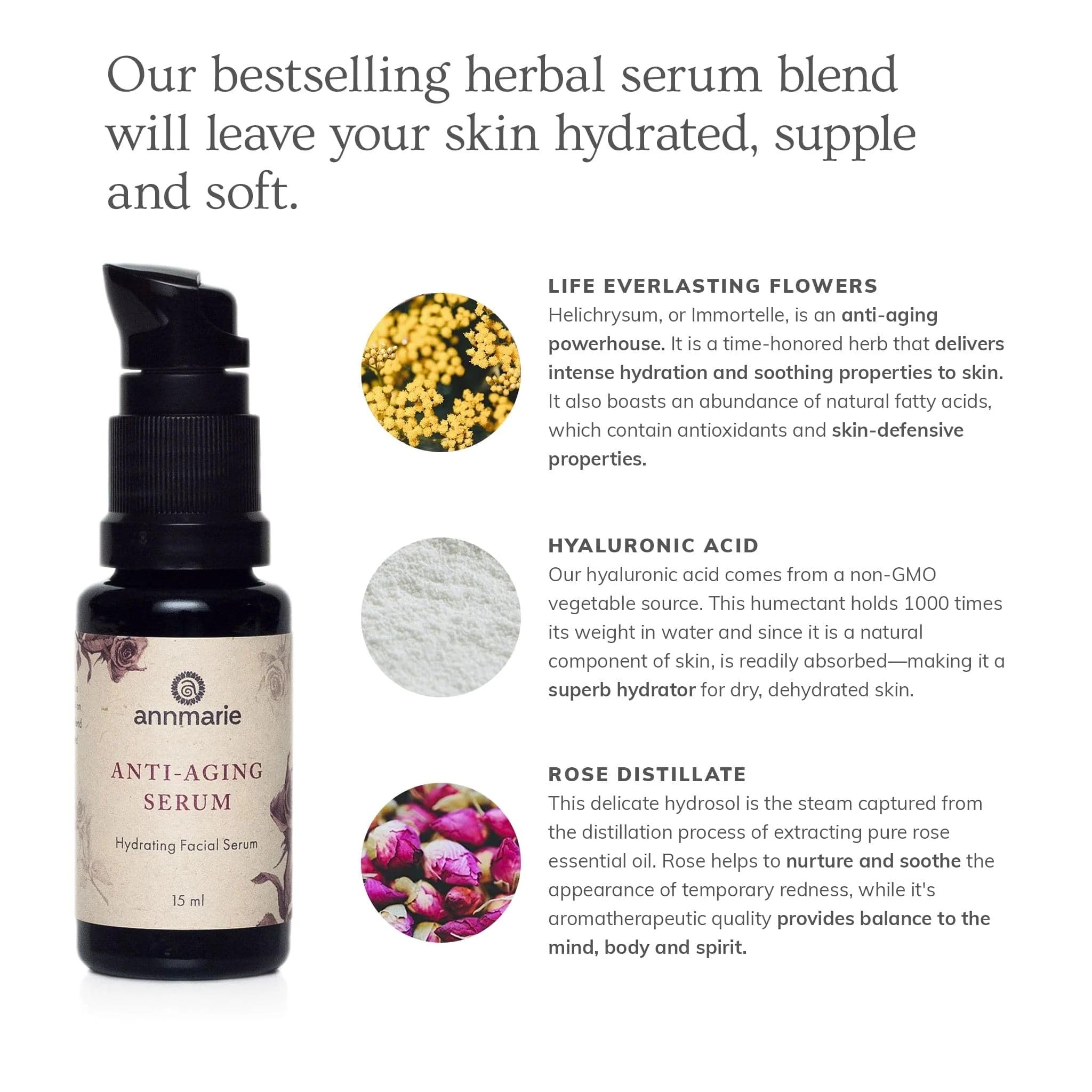 Annmarie Anti-Aging Serum dropper highlights precise application for a lightweight daily routine.