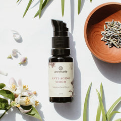 Annmarie Anti-Aging Serum ingredients close-up emphasizes aloe vera and hyaluronic acid hydration.