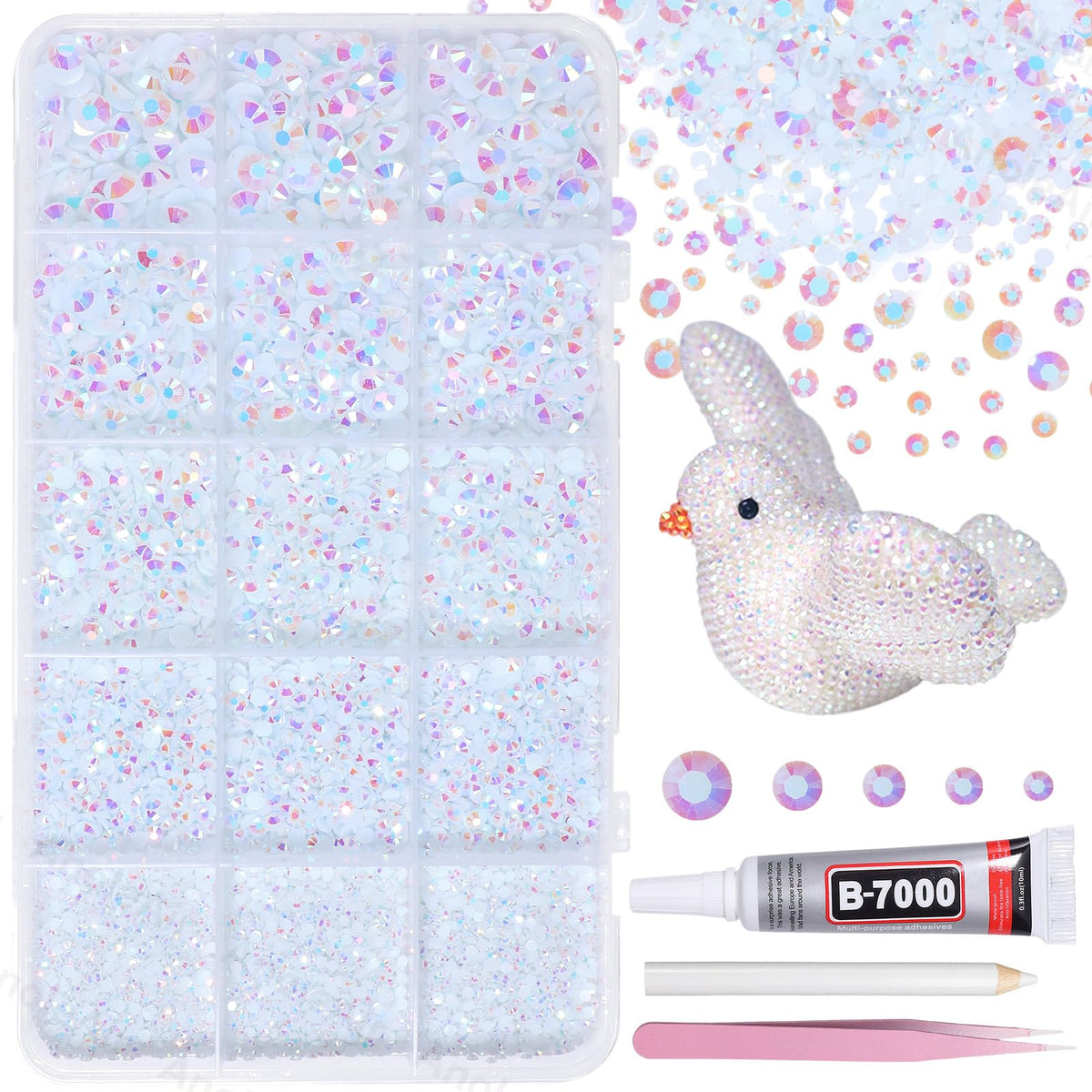 AnoleAir 12000-piece white AB rhinestones kit for sparkling crafts and gifts.