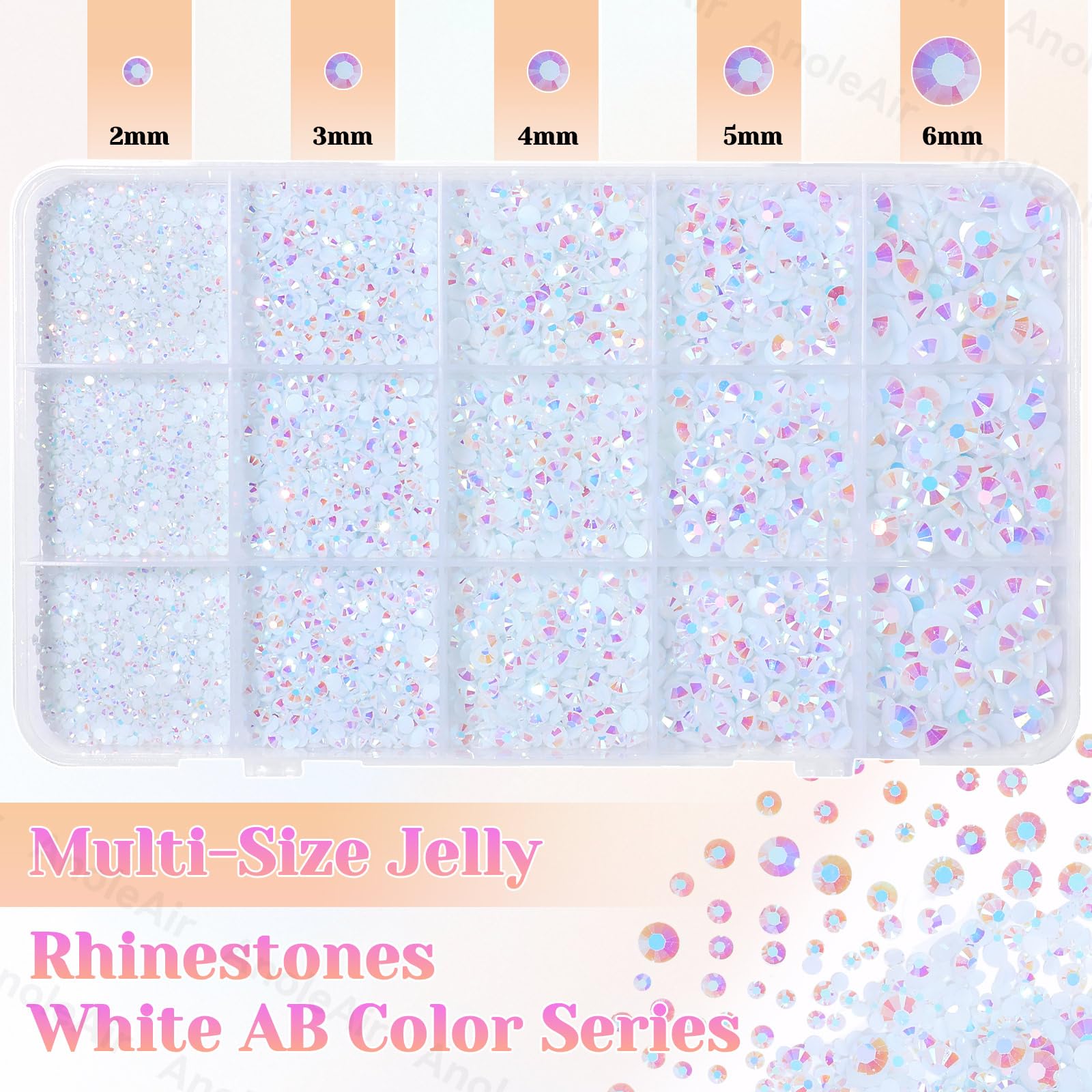AnoleAir white AB rhinestones 2–6mm mix for tumblers, nails, and accessories.