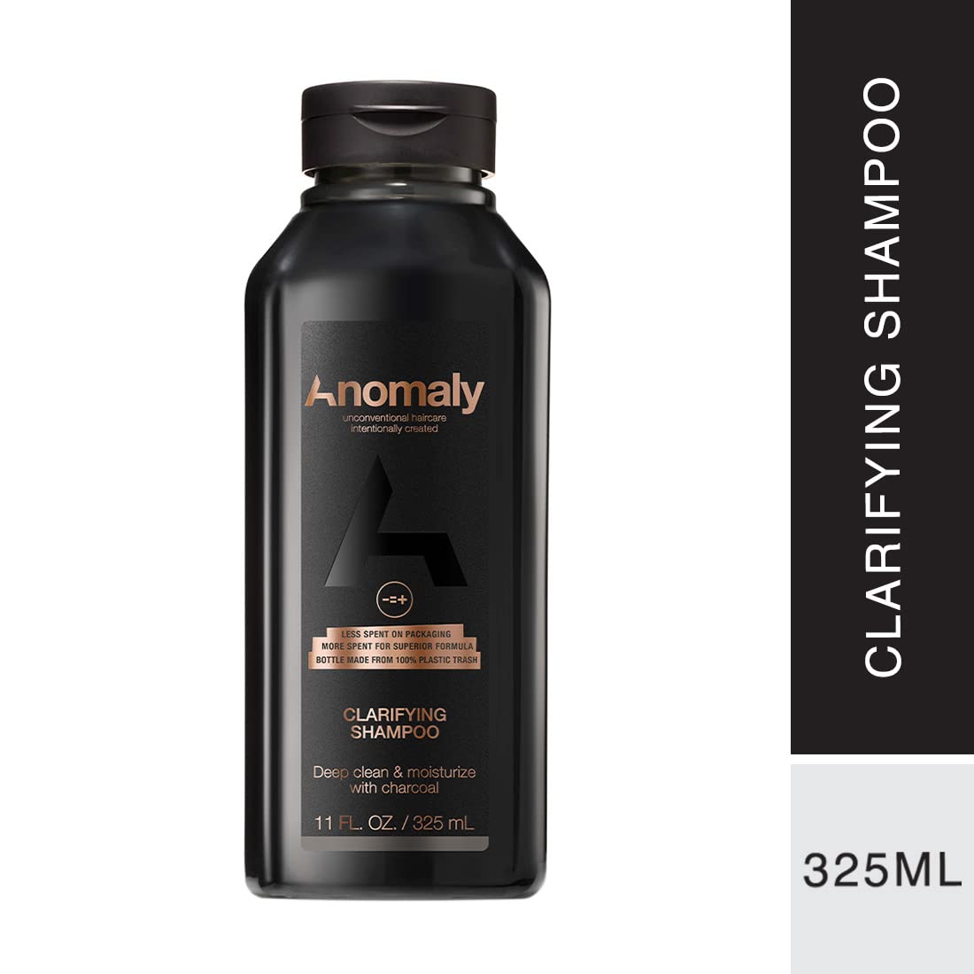 Anomaly Clarifying Shampoo bottle back highlighting ingredients and recyclable packaging.