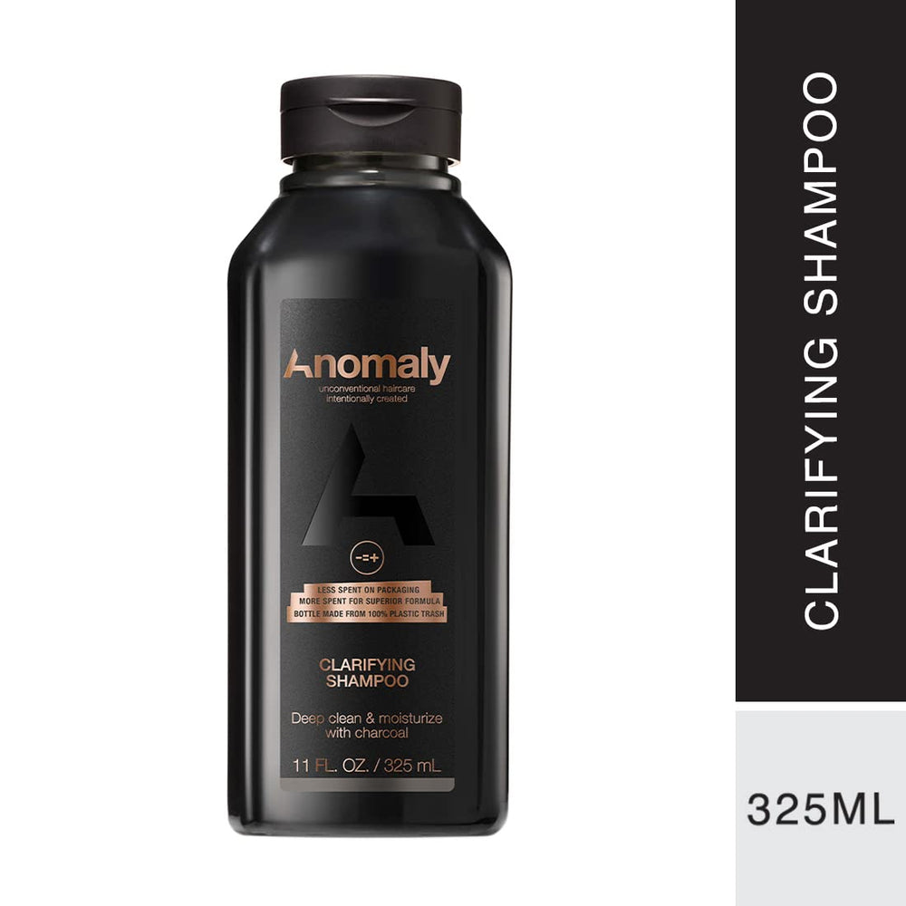 Anomaly Clarifying Shampoo bottle back highlighting ingredients and recyclable packaging.