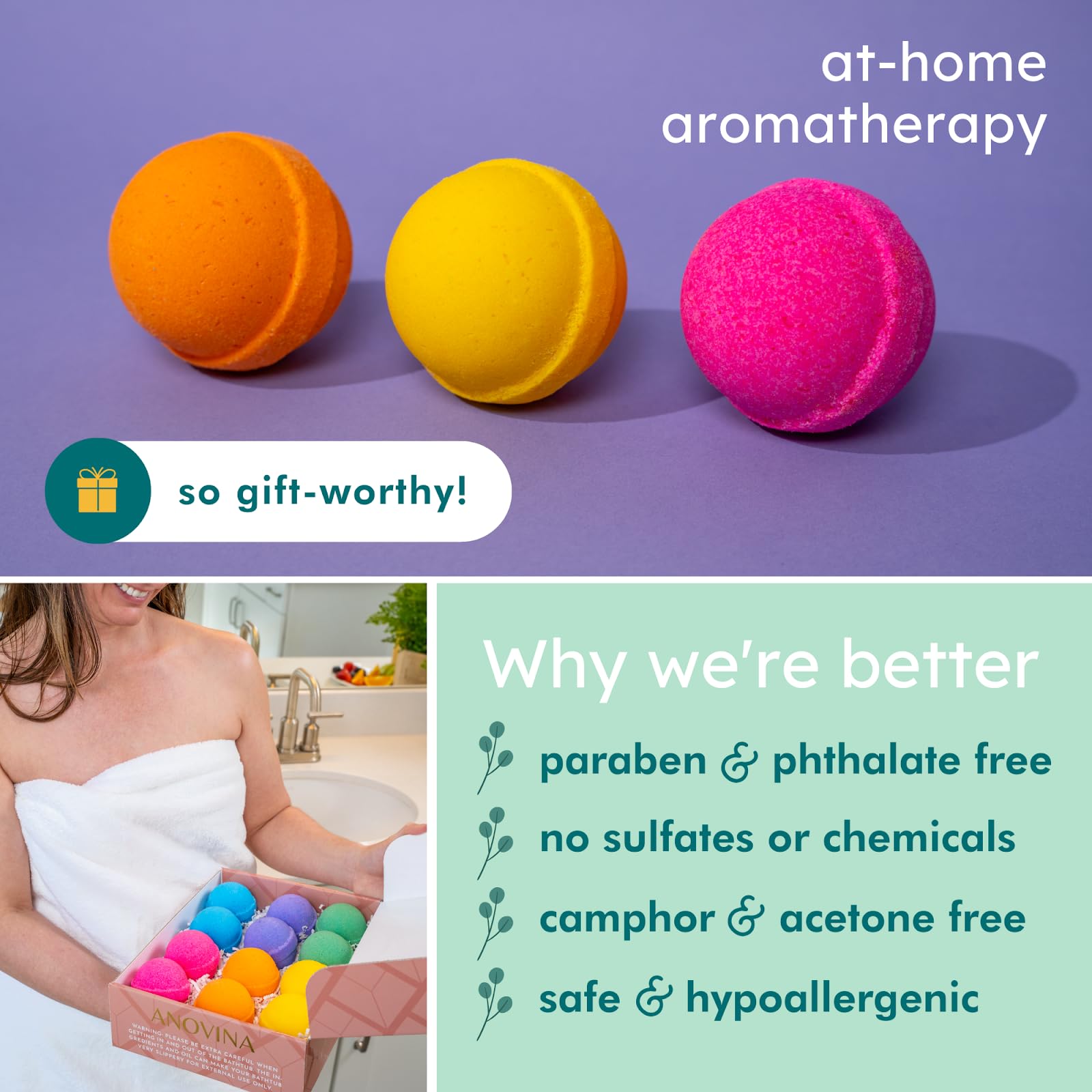 Anovina sensory bath bombs offer aromatic relaxation and skin softening benefits