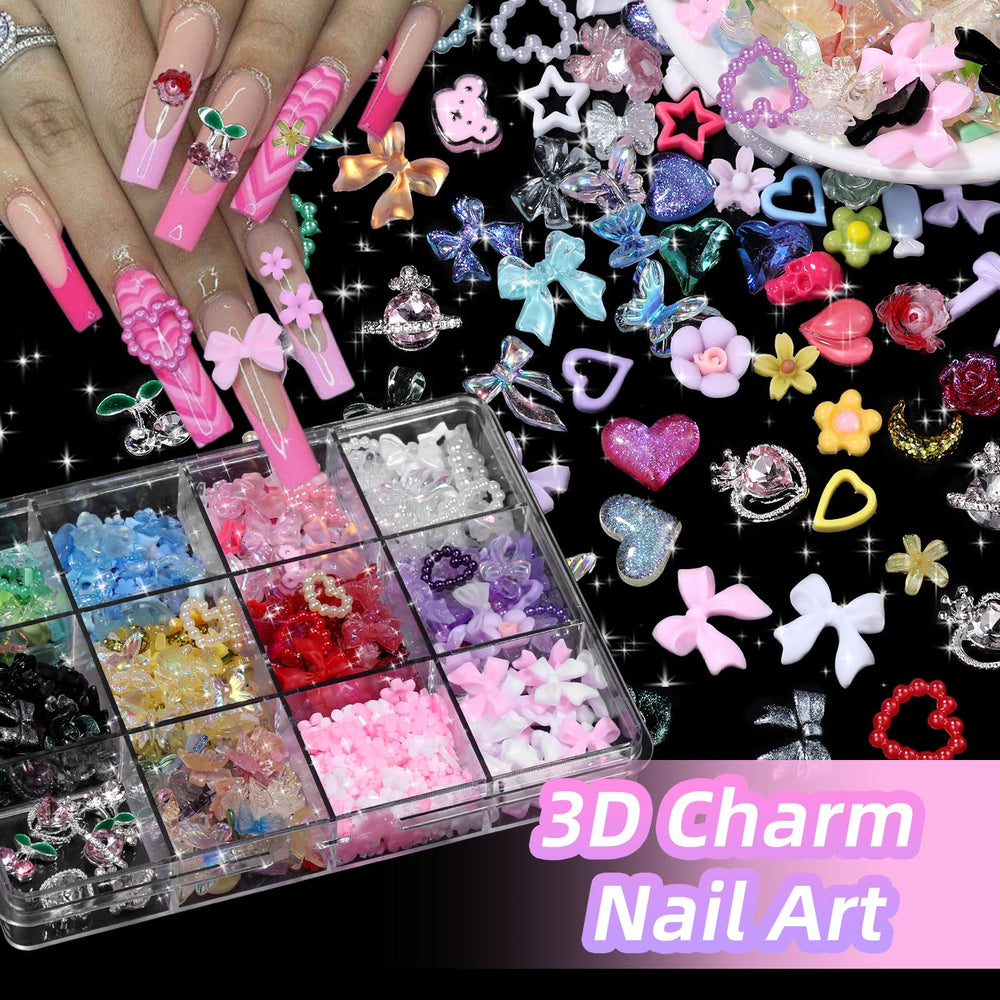Anower butterfly-rose-star charms offer playful accents for unique nail designs.