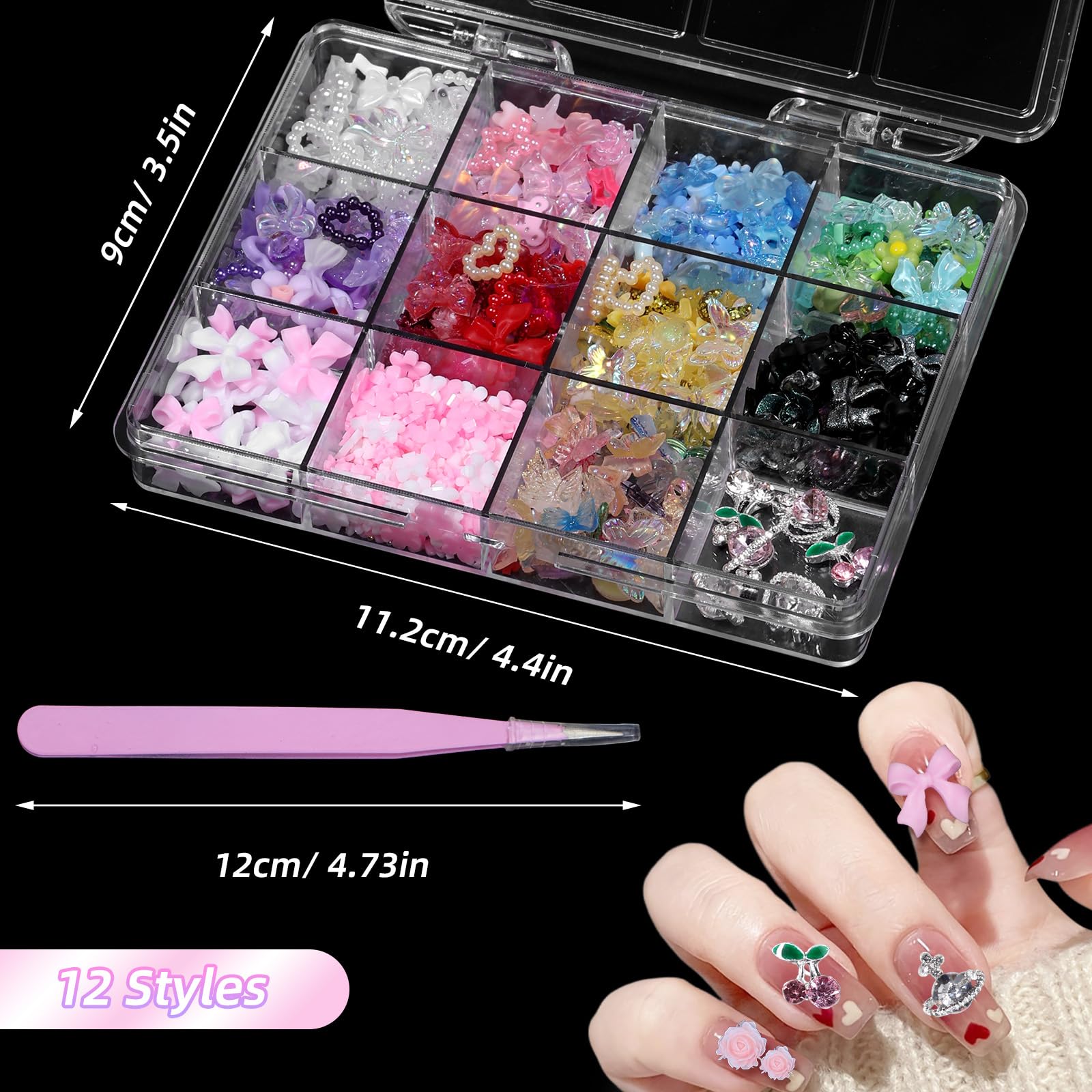 Anower cherry, heart and planet charms add dimensional sparkle to nails.