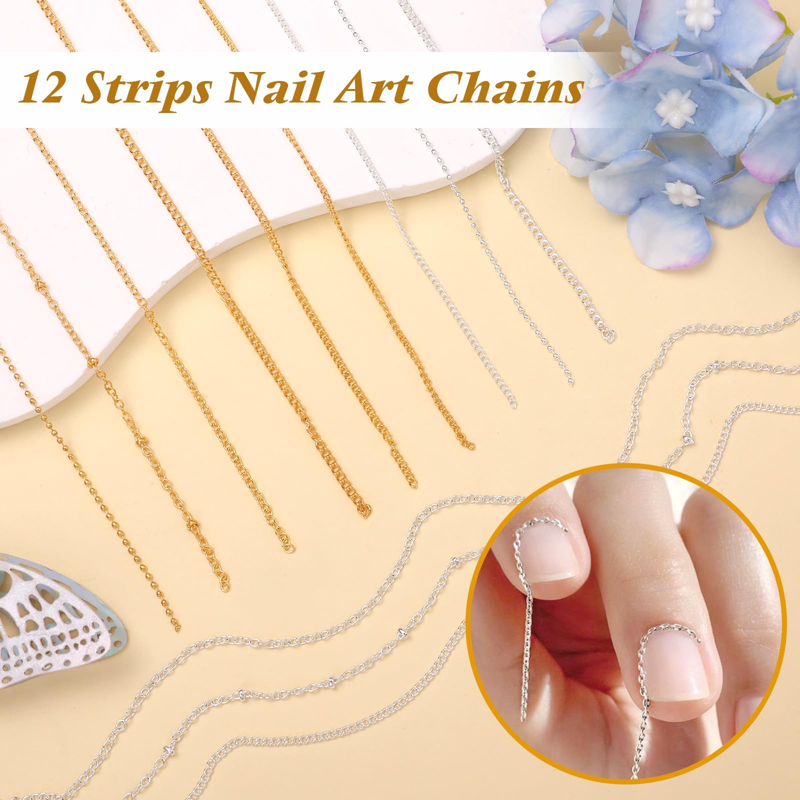 Anower manicure using chains and beads to create unique nail art.