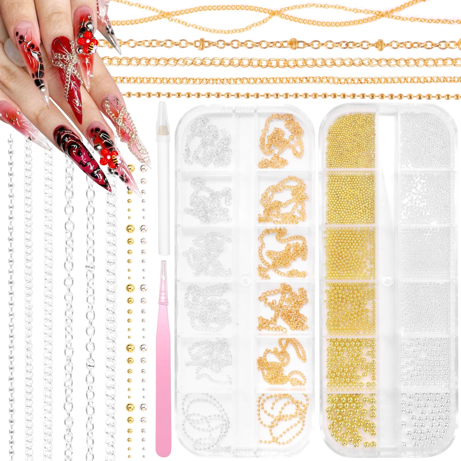 Anower nail art chains in gold and silver for chic DIY nails.