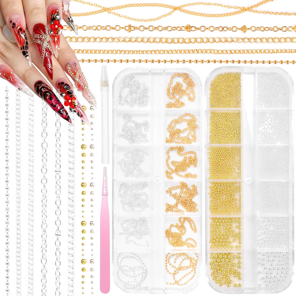 Anower nail art chains in gold and silver for chic DIY nails.