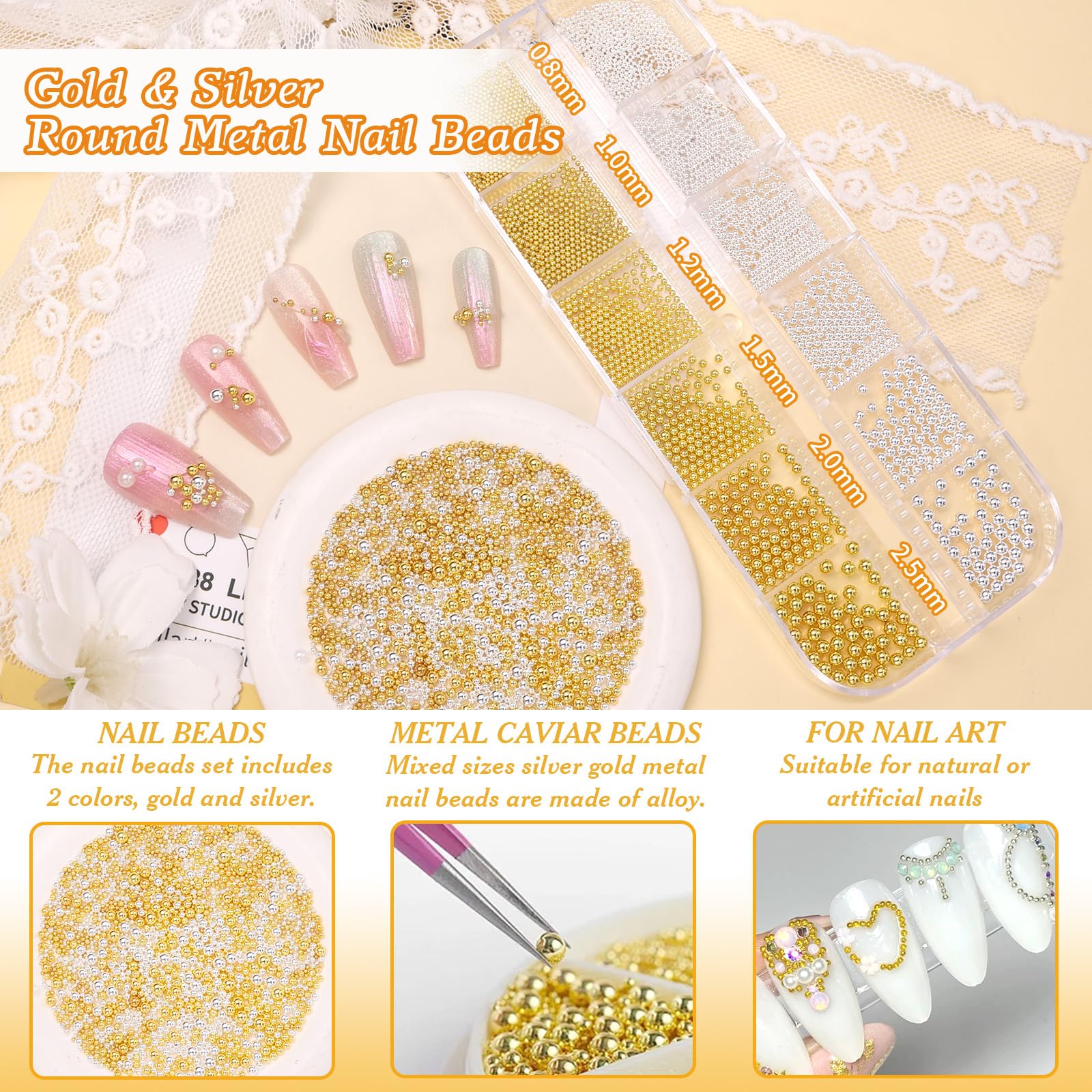 Anower nail beads close-up displays multiple sizes for precise patterns.