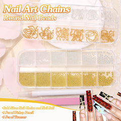 Anower nail beads grid shows gold and silver caviar beads.