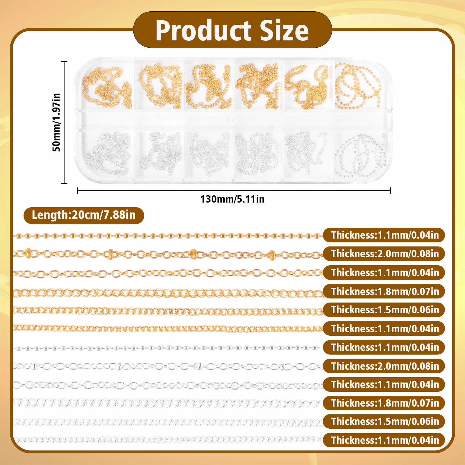 Anower 12 styles chains chart for versatile decoration options.
