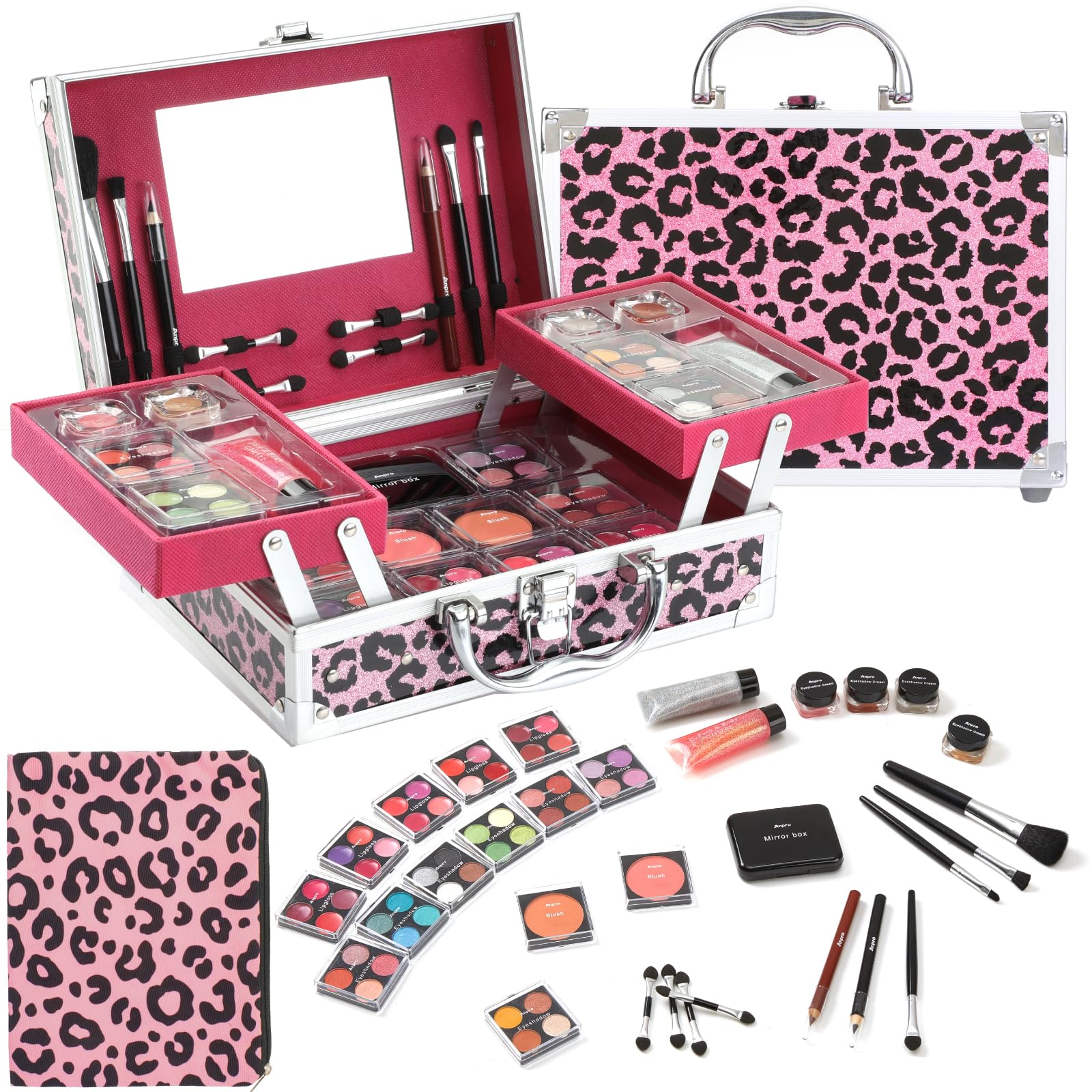 Anpro leopard bag with kit keeps makeup organized during travel