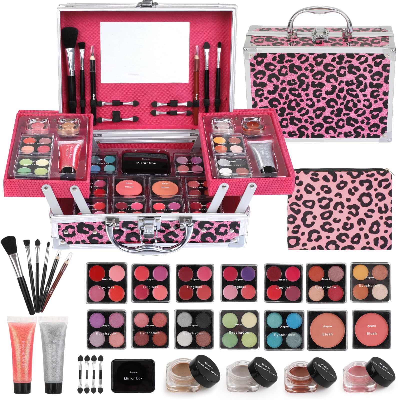 Anpro Leopard makeup case open showing full all-in-one teen kit for on-the-go styling
