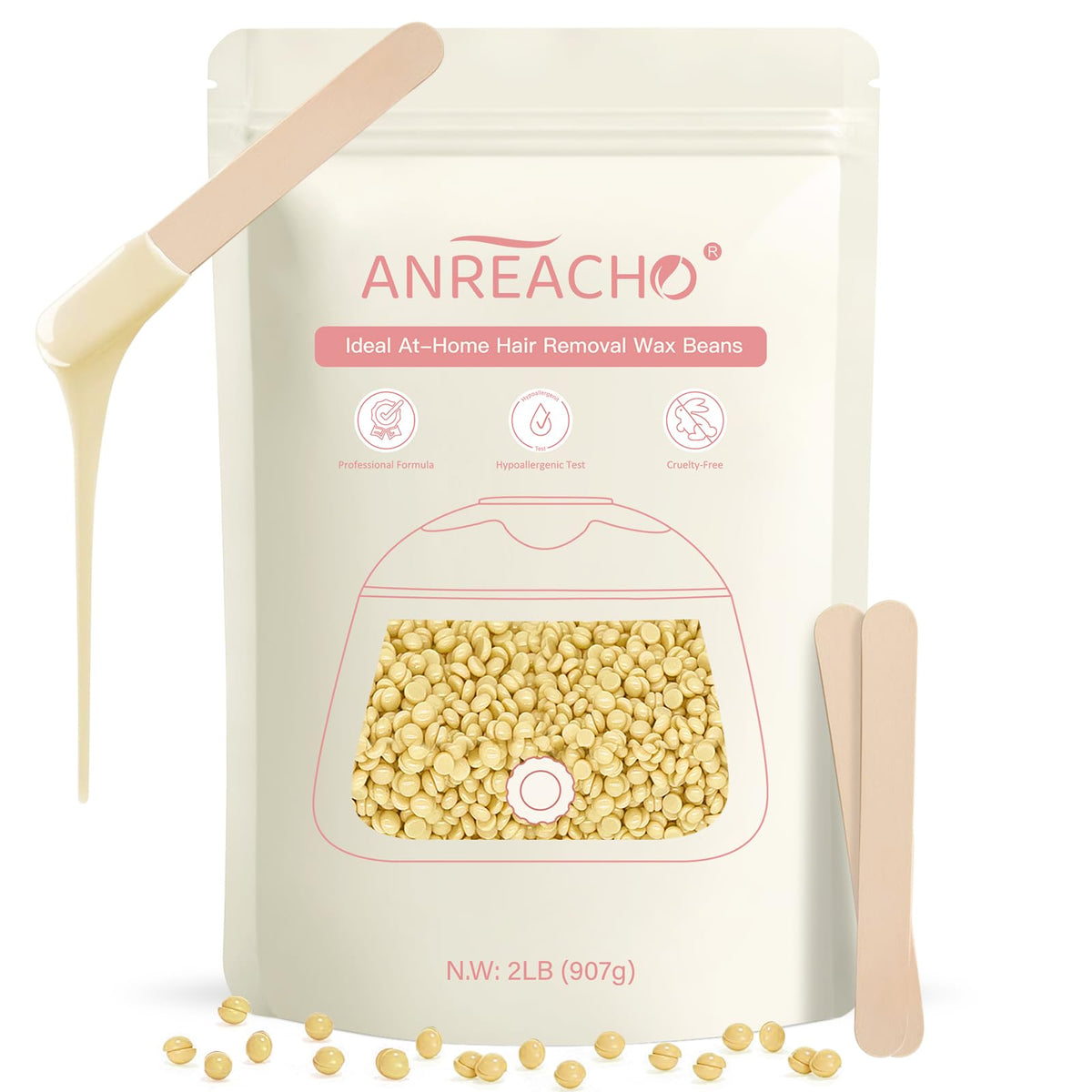 ANREACHO hard wax beads in 2lb bulk for coarse hair removal at home