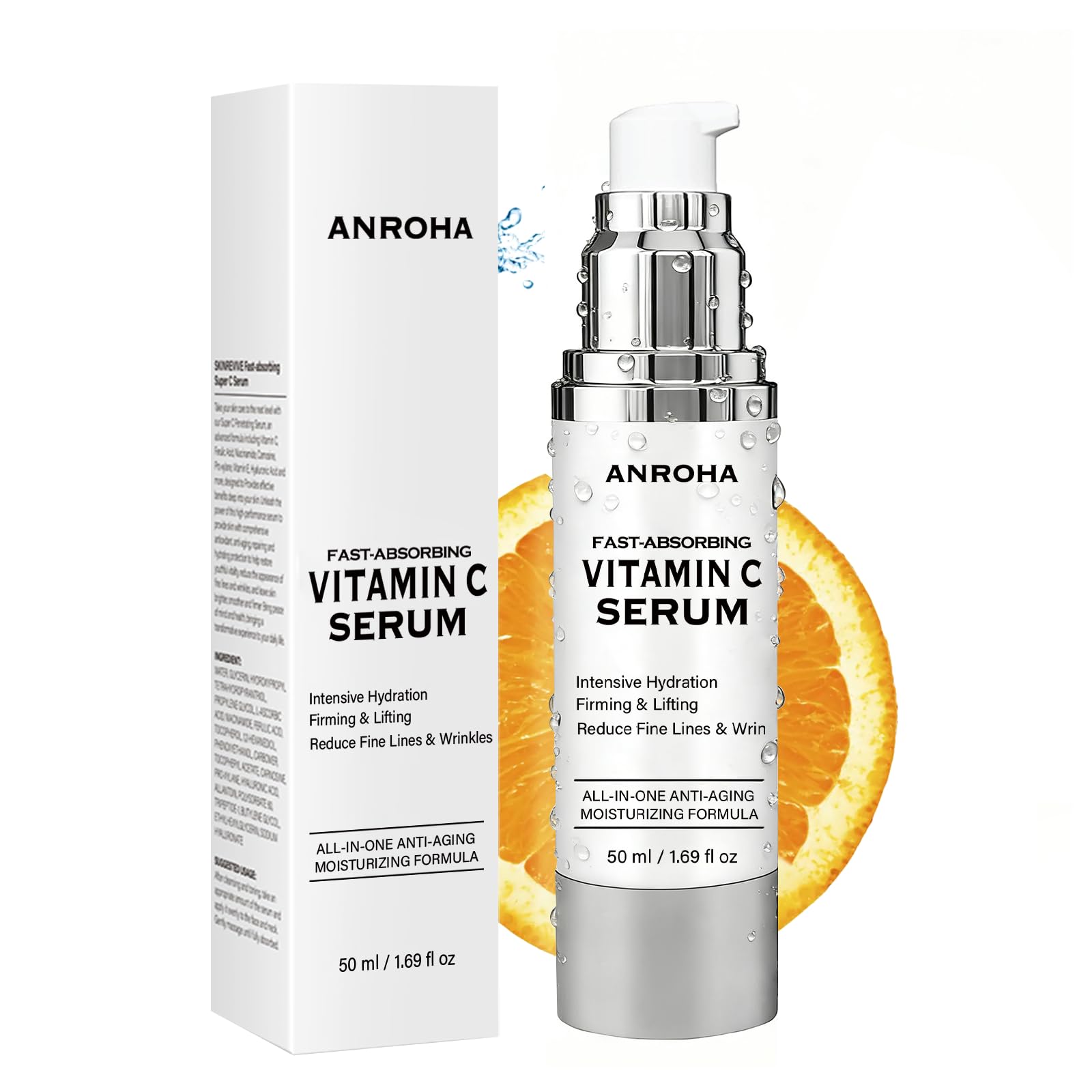 Anroha Vitamin C Serum bottle pour demonstrates hydration for mature skin.