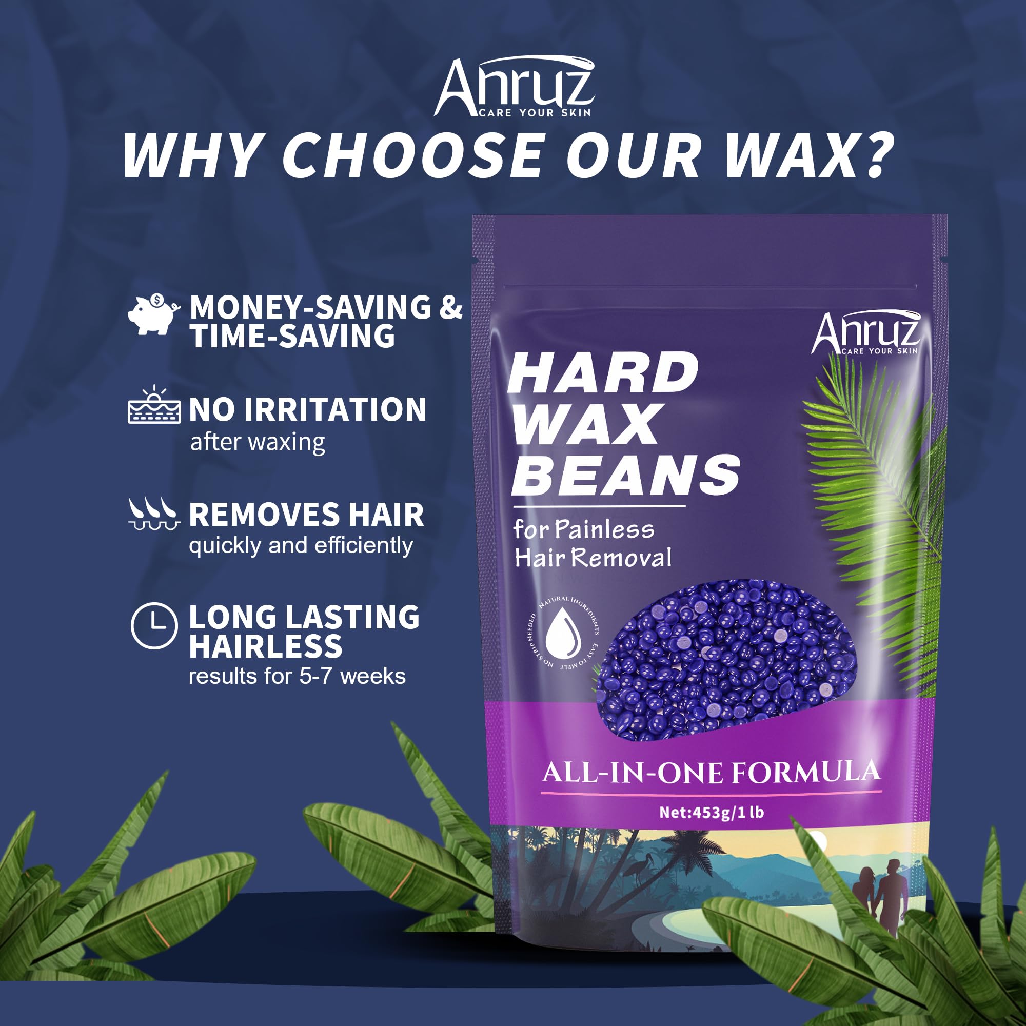 ANRUZ lavender-infused formula wax beads for gentle skin care at home.