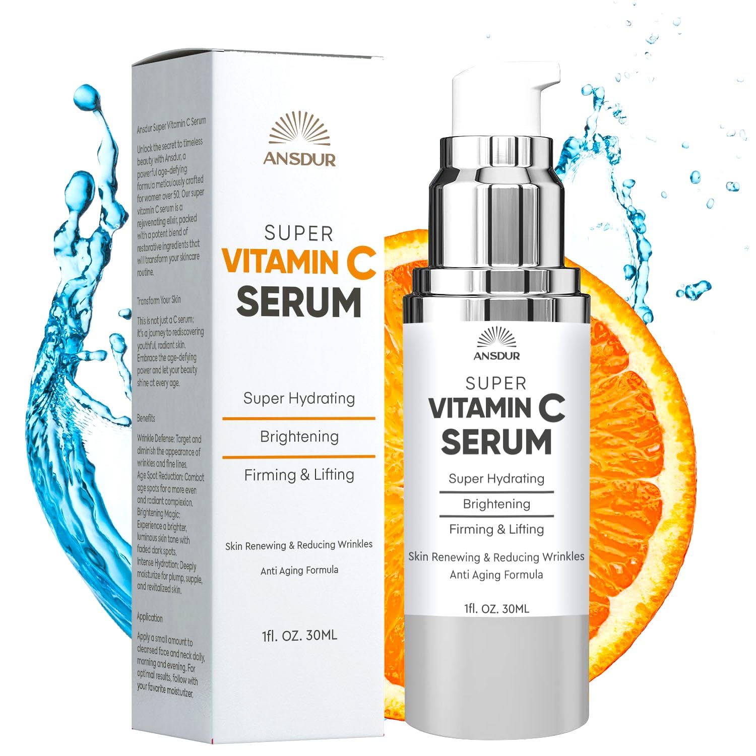 ANSDUR Super Vitamin C Serum bottle highlights brightening formula for mature skin