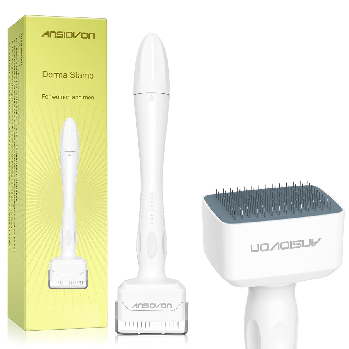 ANSIOVON Derma Stamp close-up with micro-needles for at-home skin texture improvement.
