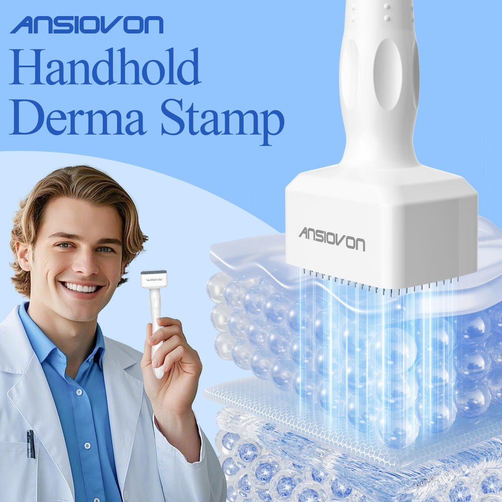 ANSIOVON Derma Stamp held in hand for precise control during at-home sessions.