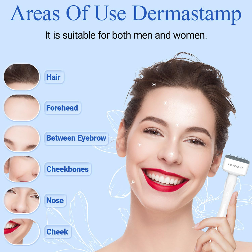 ANSIOVON Derma Stamp used on scalp and hairline for possible micro-stimulation.