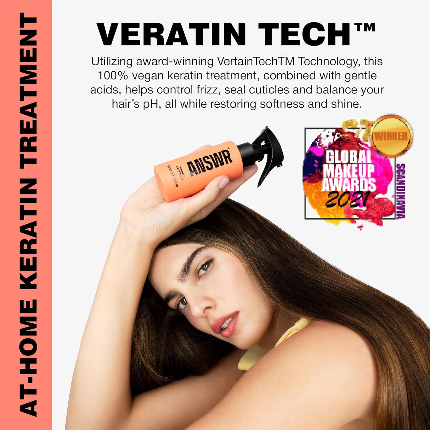 ANSWR after-treatment hair shows glossy, smooth, frizz-free finish.