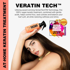 ANSWR after-treatment hair shows glossy, smooth, frizz-free finish.